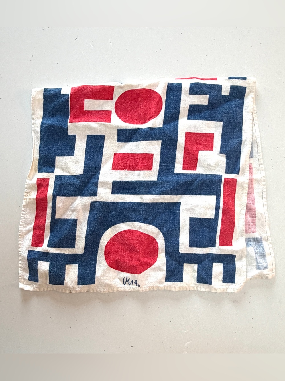 Vintage Vera Blue & Red Geometric Linen Tea Towel